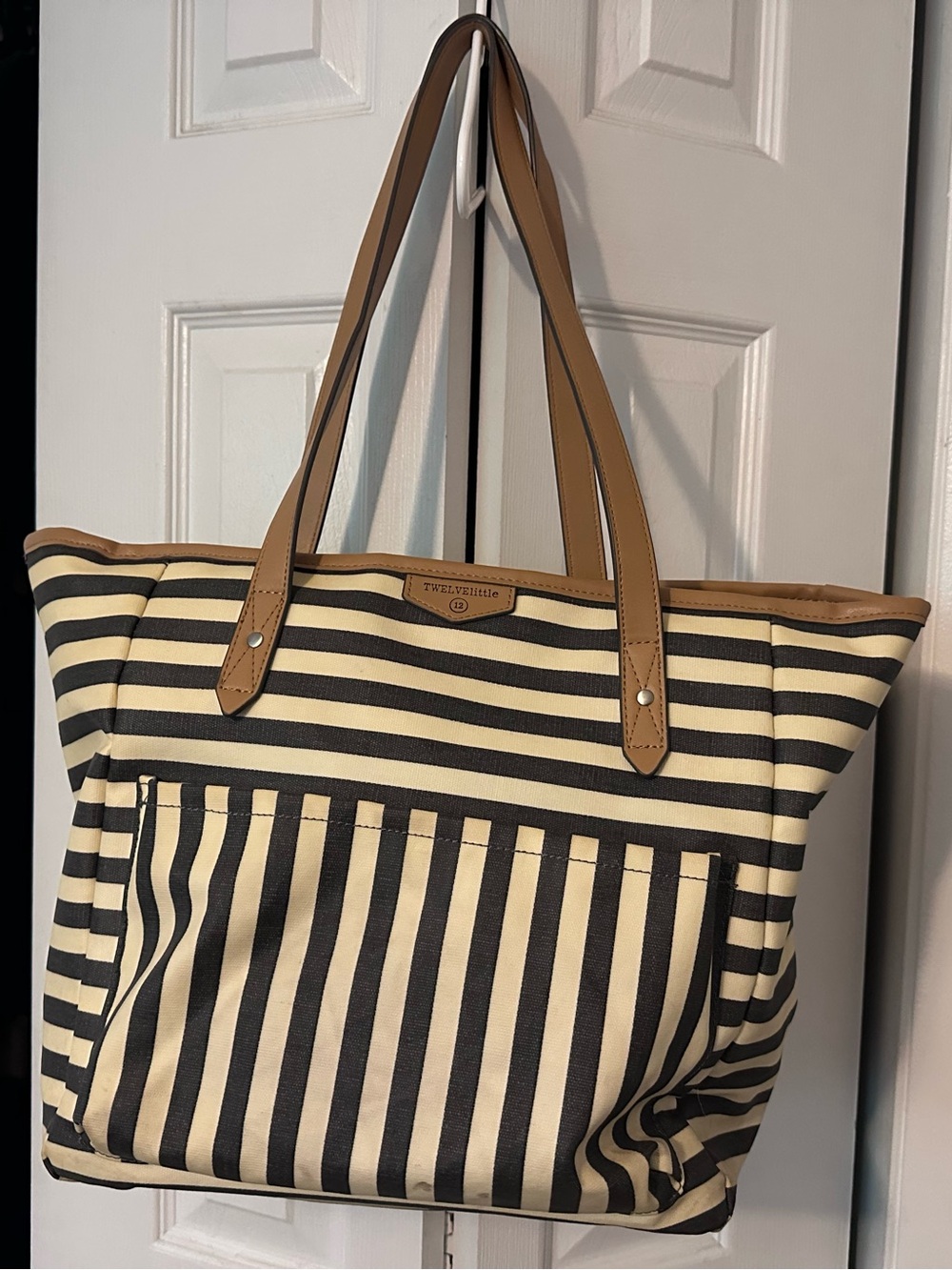 Twelve Little Black & Cream Striped Canvas Tote with Tan Trim Baby Bag